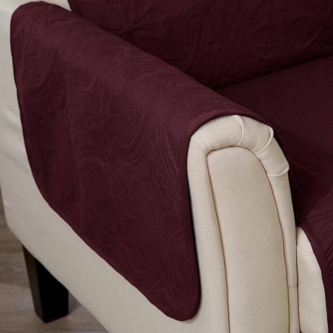 Medallion Stitched Solid Furniture Protector Stain Resistant Durable Furniture Protector Elenor Collection (Loveseat, Wine/Light Grey)