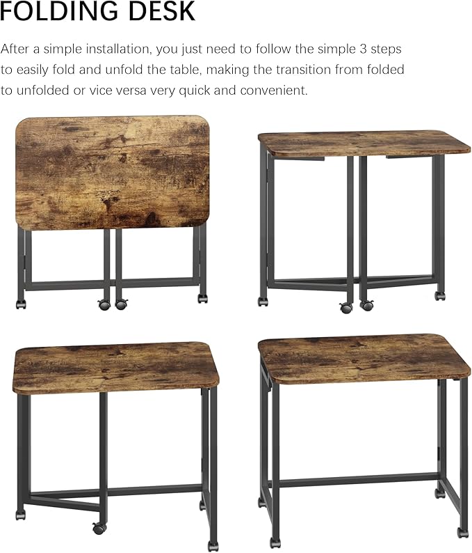JSB Small Folding Computer Desk with Storage Bag and Hook Writing Modern Industrial Work Table Laptop for Home Office White (Rustic & Brown, 27.6")