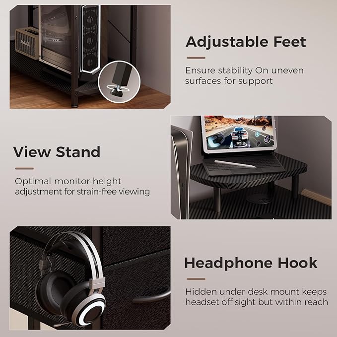 GTPLAYER L Shaped Desk with Drawers, Carbon Fiber Style Computer Desk with Monitor Shelf, Black Small L Shape Desk with Adjustable Open Storage Shelf, Corner PC Table for Small Space Home Office