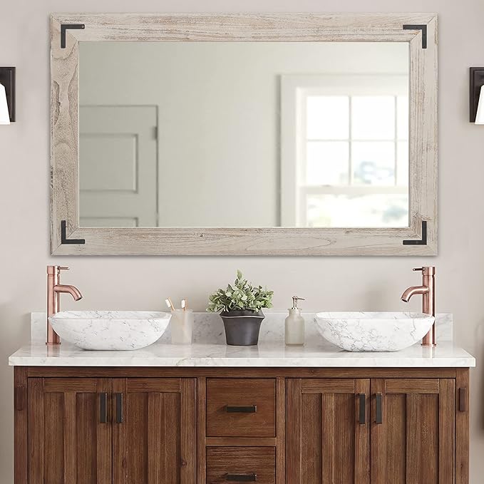 YOSHOOT Rustic Wooden Framed Wall Mirror, Natural Wood Bathroom Vanity Mirror for Farmhouse Decor, Vertical or Horizontal Hanging