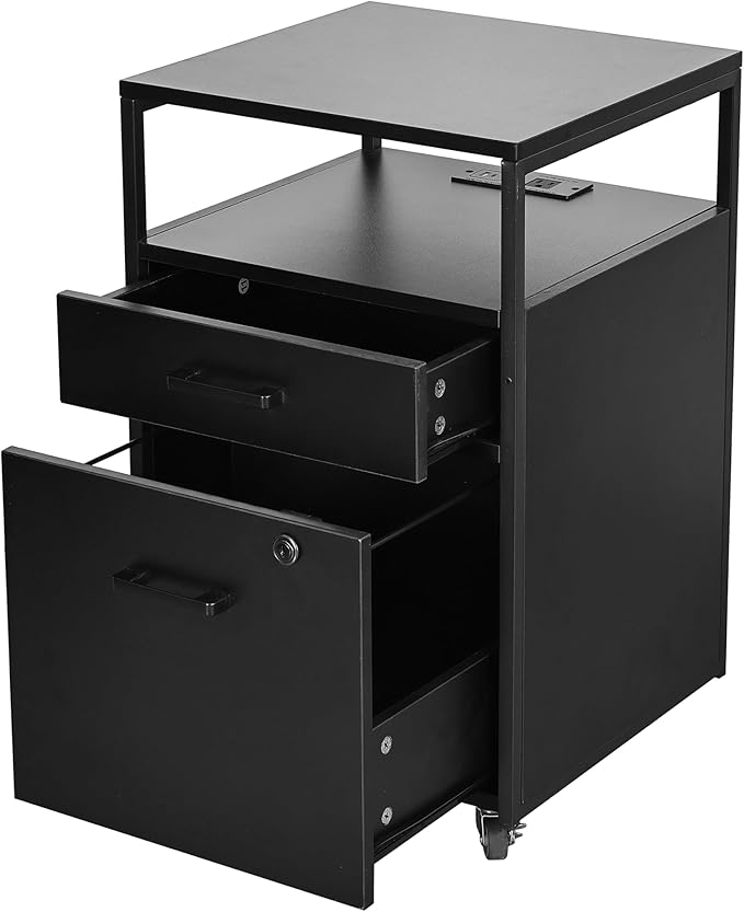 Techni Mobili Modern 2-Drawer Rolling File Cabinet with Lock, 2 USB Ports and Power Outlet for Device Charging, Portable File Organizer or Printer Stand for Office or Home with Locking Wheels, Black