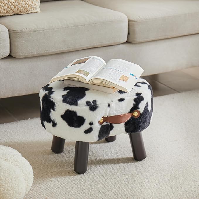 Small Footstool with Handle, Faux Fur Ottoman Foot Rest with Padded Seat, Curved Foot Stool with Wooden Legs, Portable Foot Rest for Living Room, Bedroom, Entryway, Cow