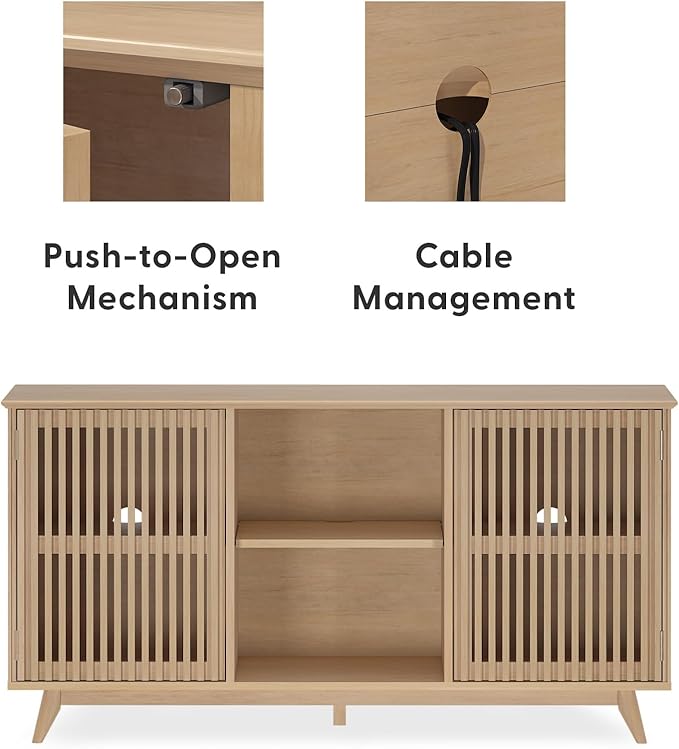 Plank+Beam Mid-Century Modern Wood TV Stand, Solid Wood Entertainment Console with Storage, 59" L x 16" W x 30" H, Blonde
