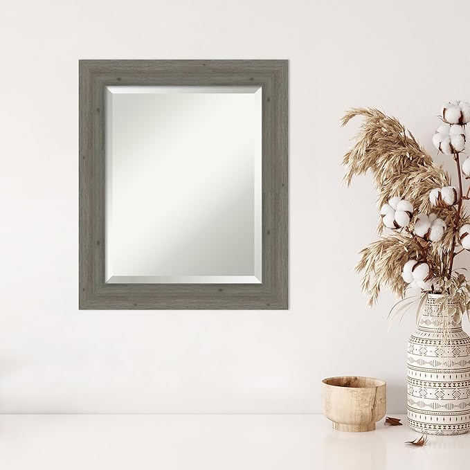 Amanti Art Grey Wall Mirror 25x21 Fencepost Grey Narrow Rectangle Bathroom Mirror for Wall Decor Living Room, Small Country Rustic Wood Frame, Hangs Horizonally and Vertically, Bathroom Decor,