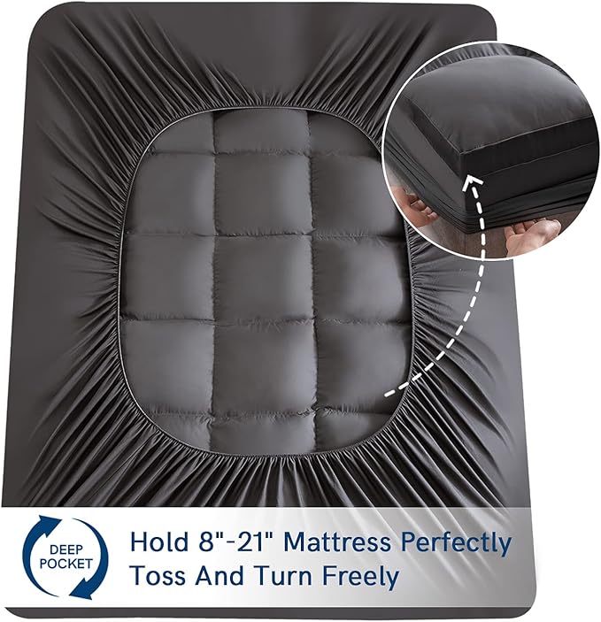 ELEMUSE Cal King Grey Mattress Topper for Back Pain, Extra Thick Mattress Pad Cover, Plush Soft Pillowtop with Elastic Deep Pocket, Overfilled Down Alternative Filling