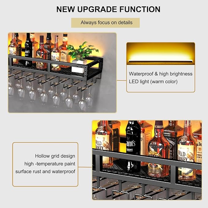 Pengfei LED Wine Rack Wall Mounted, Industrial Metal Wall Wine Shelf & Glass Holder, Large Floating Shelves Wine Bottle Storage Display Rack for Home Bar Dining Room Decor, Black
