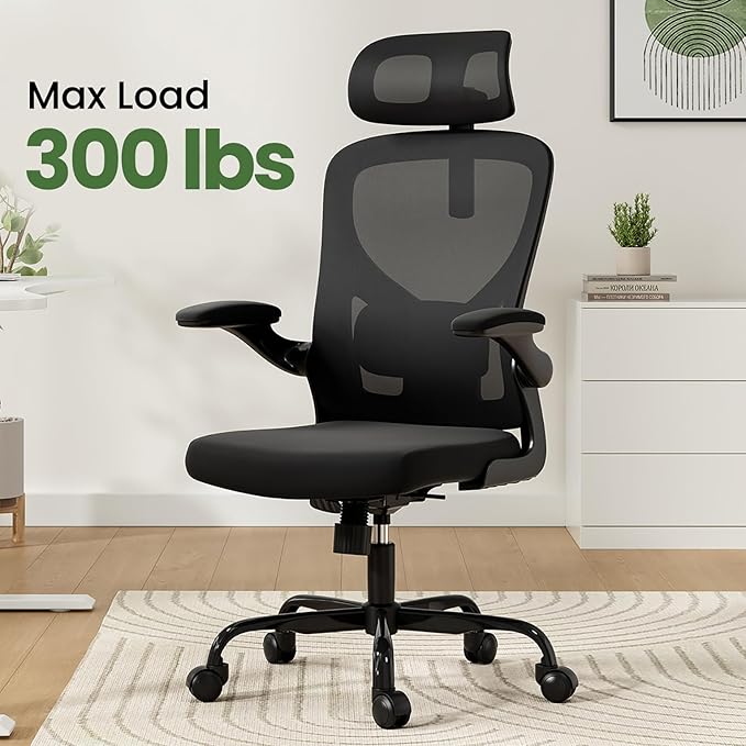 Ergonomic Office Chair, Comfy Home Office Chair High Back Computer Chair with Headrest, Adjustable Back Support, Flip-Up Arms, 90-120° Tilt and Wide Cushion, Up to 300lbs,Black