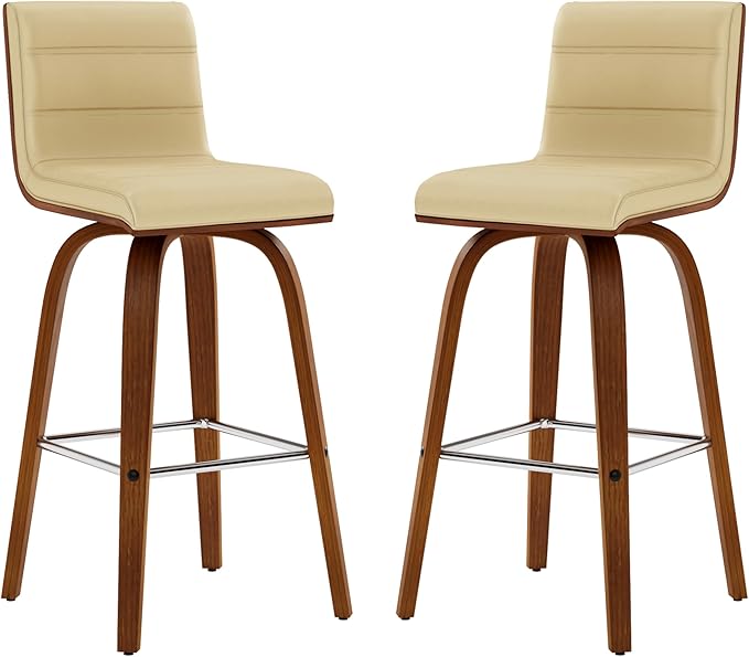 Armen Living Vienna 26" Swivel Counter Stool in Walnut Wood Finish with Cream Faux Leather - Set of 3