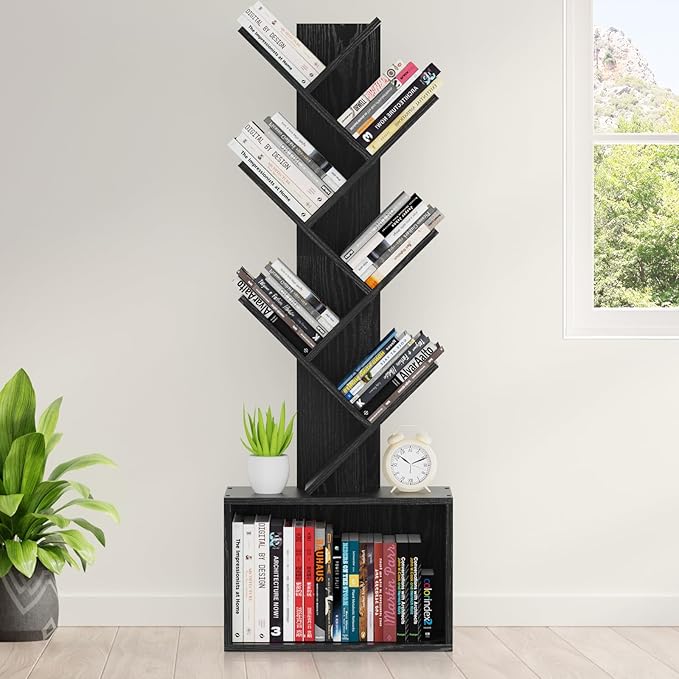 6 Tier Tree Bookshelf, Sturdy Retro Floor Standing Wood Bookcase, Storage Rack for Home Office, Living Room, Bedroom, Reading Spot, Heavy Book Organizer Shelves for CDs/DVDs/Movies, Black