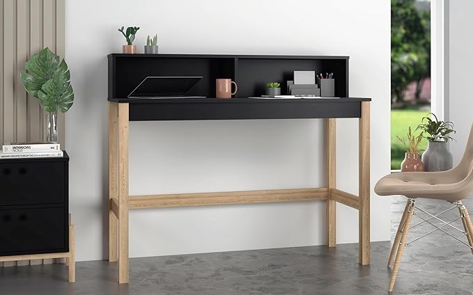 Manhattan Comfort Bowery 47 Inch Mid Century Modern Home Office Desk, Study Table or Entryway Furniture with 2 Cubbies and Rustic Wood Base, 24 inch, Black/Oak