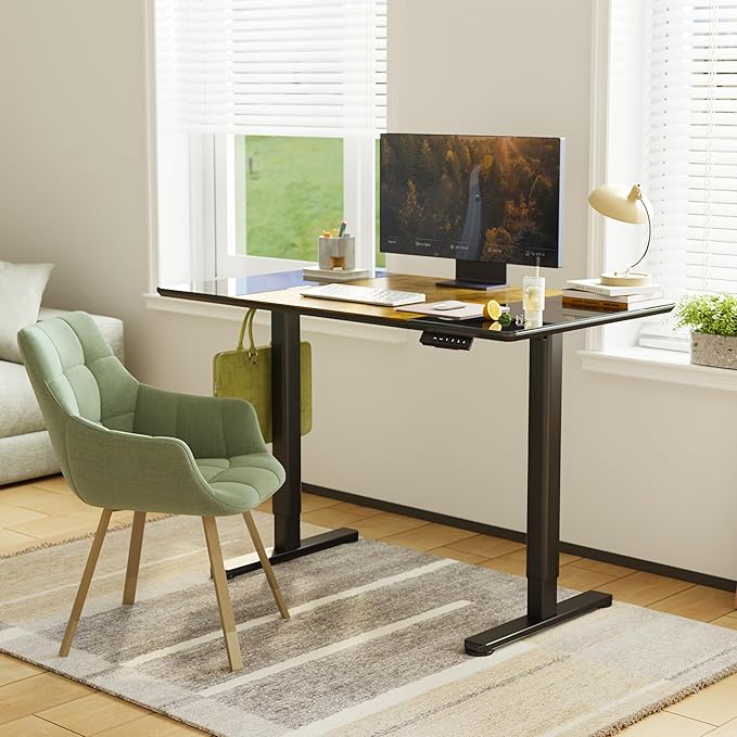 INNOVAR Glass Standing Desk, 48 x 24 Inches Height-Adjustable Desk, Tempered Glass and Wooden Top, Quick Install Home Office Stand Up Desk with 4 Presets, Black Glass and Brown Wood