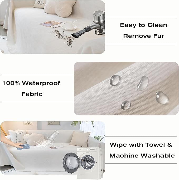 STACYPIK Waterproof White Couch Cover, Anti-Scratch Pet Protector for 2 Cushion Couch, Anti-Slip Sofa Couch Cover for Loveseat, Multi-use Sectional Cover for L-Shaped, Washable Sofa Slipcover-71X118IN