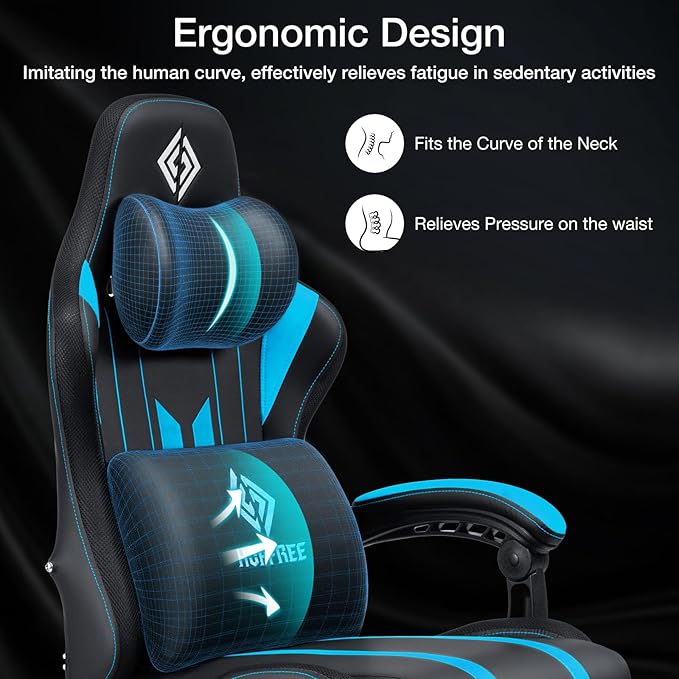 HOFFREE Gaming Chair with Music Rhythm RGB LED Lights and Bluetooth Speakers Ergonomic Massage Computer Gaming Chair with Footrest Video Game Chair High Back with Lumbar Support Blue and Black