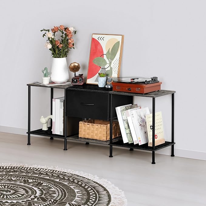 Vrisa TV Stand for 50/55 inch Television Entertainment Center with Storage Fabric Cabinet and Shelves Modern TV Console for Living Room Bedroom, Black+Grey