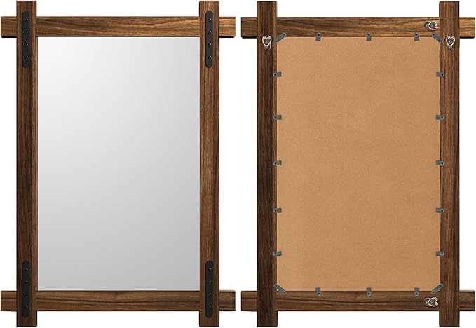YOSHOOT Farmhouse Wood Bathroom Mirror, 32"x24" Rustic Wall Mirror, Round Corner Vanity Mirror for Decor, Vertical or Horizontal Hanging, Selected Wood, 100% Handmade