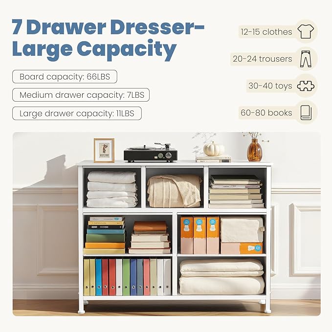 DUMOS TV Stand Dresser for Living Room Bedroom with 7 Fabric Drawer, Entertainment Center Chest Storage Organizer Units for Clothing, Closet, Cabinet, Living Room Furniture, White