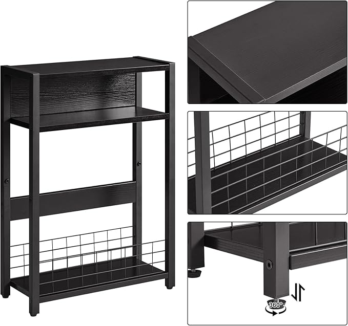IBUYKE Narrow Side Table with Storage Shelf, 3 Tier End Table,Modern Sofa Table,Small Nightstand with Magazine Rack,Telephone Table for Small Spaces,for Living Room, Bedroom,Black UTMZ001B