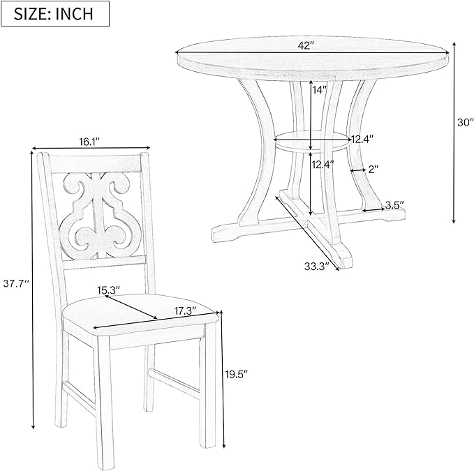 5-Piece Round Dining Table with Special-Shaped Table Legs and Storage Shelf,4 Fabric Chairs W/Cushioned Seat,for Dining Room Living Room,Antique Blue/Dark Brown