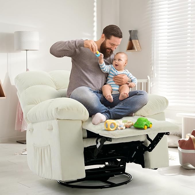 Rocking Recliner Chair,360° Swivel Rocker Chair for Living Room,Upholstered Fabric Glider Nursery Chair with Side Pockets for Small Spaces,Q235 Steel Frame Lazy Boy Recliner Single Sofa(Beige)