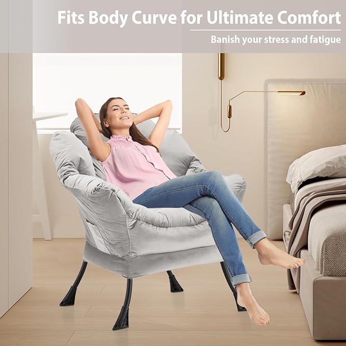 Lazy Chair Thick Padded, Comfy Velvet Accent Lounge Chair with Stable Frame, Leisure Sofa Armchair with Armrests and Side Pocket, Reading Chair for Bedroom, Living Room, Office, Light Gray