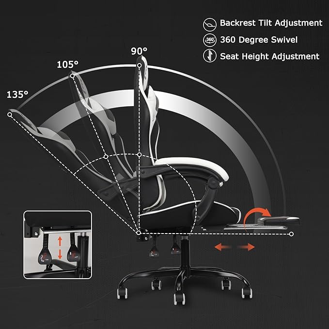 Gaming Chair with Linkage Armrest & Footrest, High Back Video Gaming Chair, Black/White