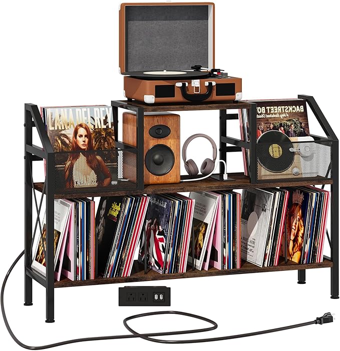 Homeiju Record Player Stand Holds up to 500 Albums,Turntable Stand with Vinyl Record Player Storage Cabinet,Large Record Player Table Vinyl Album Storage（Patent Pending）