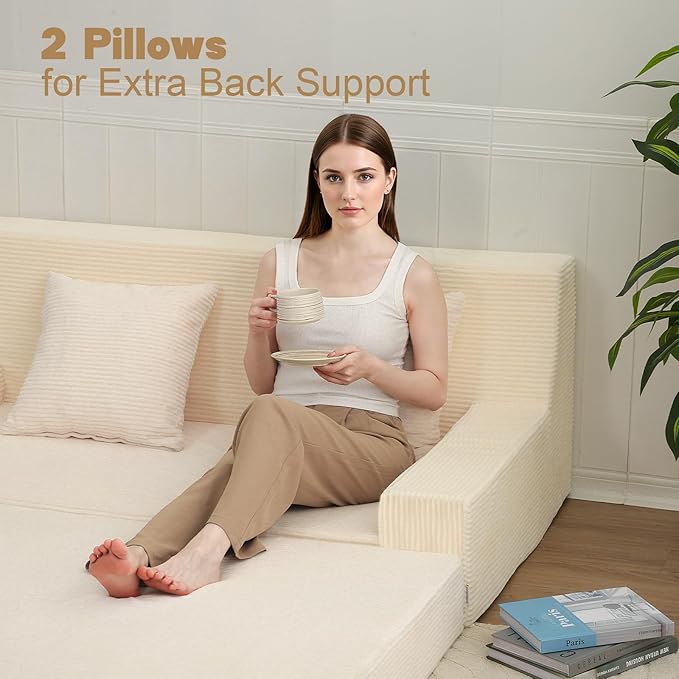 MeMoreCool Boneless Folding Sofa Bed Queen, Corduroy Convertible Sleeper Chair, Foldable Foam Mattress Chair, Comfy Fold‑Out Futon Couch Bed, Large Floor Sofa Couch for Living Room Guest