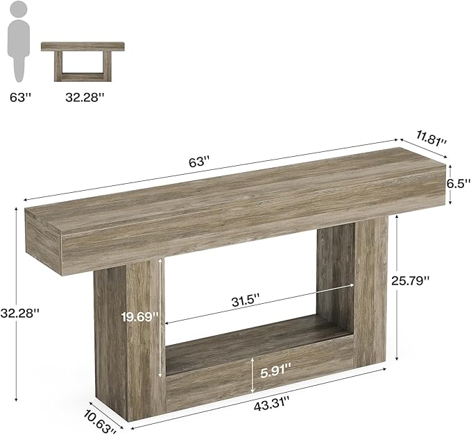 Tribesigns 63" Console Table, Farmhouse 2-Tier Entryway Table with U-Shaped Base, Narrow Long Wood Sofa Table Behind Couch Table for Living Room, Hallway, Foyer, Light Gray