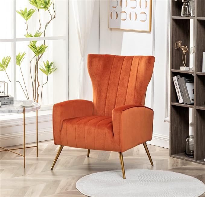 Container Furniture Direct Modern Velvet Accent Chair, Channel Tufted Bedroom, Office or Living Room Furniture with Elegant Metal Legs, 26" Wide Armchair, Orange Red