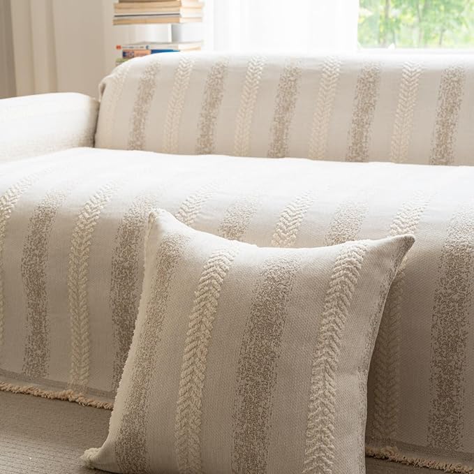 Pack of 1 Decorative Throw Pillow Covers 12x20 Inch, Pillow Cases for Living Room Couch Bedroom Farmhouse Home Decor, Soft Stripe Chenille Cushion Covers for Sofa Beige,12''x20''