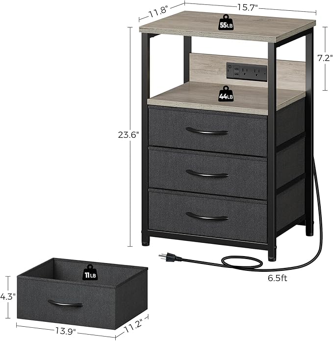 Seventable Nightstand with Charging Station and LED Light, Set of 2 Side Table with 3 Fabric Drawers, Bedside End Table with USB Ports and Outlets, Night Stand for Bedroom, Greige