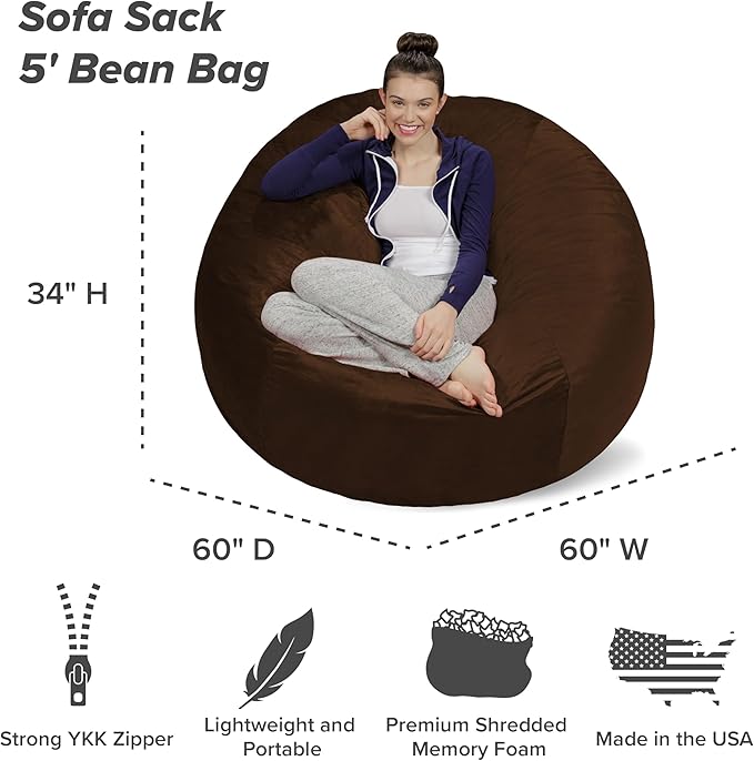 Sofa Sack Bean Bag Chair - Plush, Ultra Soft - Memory Foam Bean Bag Chair with Microsuede Cover - Stuffed Foam Filled Furniture and Accessories for Dorm Room 5 Feet - Chocolate