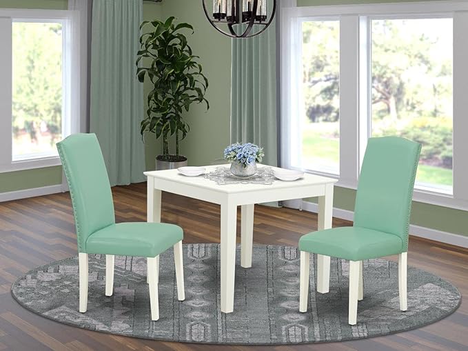 East West Furniture OXEN3-LWH-57 3 Piece Dinette Set for Small Spaces Contains a Square Dining Room Table and 2 Pond Faux Leather Parsons Dining Chairs, 36x36 Inch, Linen White