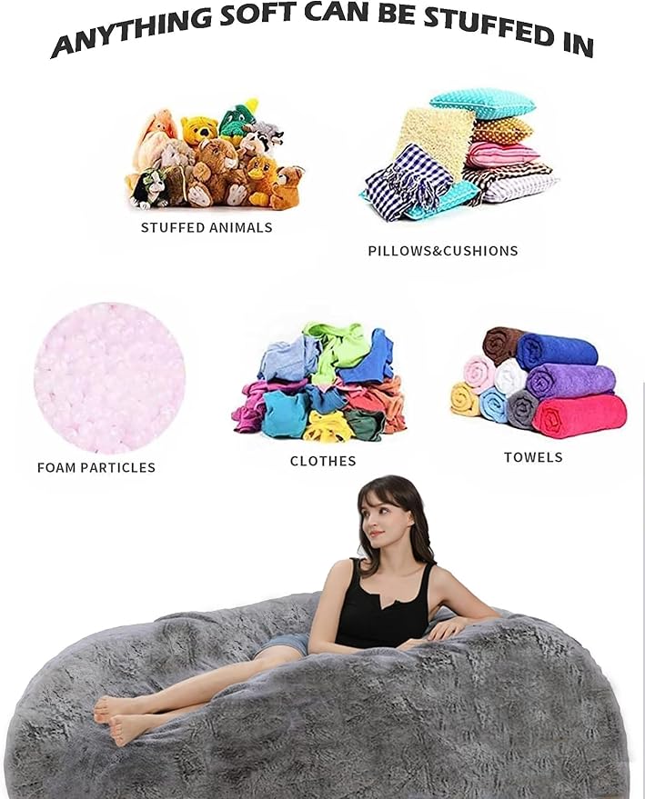 Bean Bag Chairs for Kids Comfy Fluffy Big Joe Bean Bag Chair Cover Without Filler Round Sofa Chairs for Bedroom Living Room Decor, 5FT, Light Blue