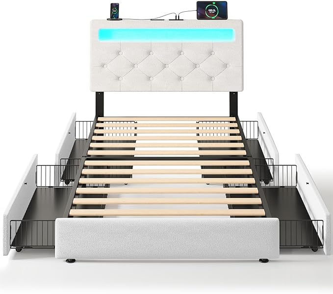 Rolanstar Twin Bed Frame with 4 Storage Drawers and Charging Station,Twin Bed with Led Lights, 2 USB & 1 Type C, Adjustable Headboard 38.9/40.8 Inches, No Box Spring Needed, White