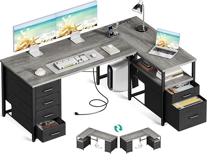 Coleshome L Shaped Computer Desk with 6 Drawers & Power Outlet, 55 Inch Corner Desk with Reversible Storage Shelf & File Drawer, Home Office Desk, Grey Oak