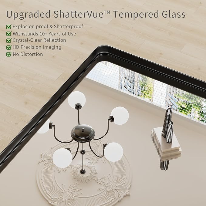 Koonmi Black Wall Mirror for Bathroom, 36x60 Inch Matte Deep Framed Rounded Rectangle Vanity Mirror for Farmhouse Living Room, Tempered Glass, Anti-Rust, Vertically or Horizontally