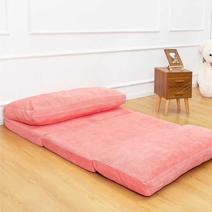 N&V Folding Matress Sofa Bean Bag Bed, Foam Filling Folding Matress Sofa, Includes Removable and Machine Washable Cover, Soft Premium Corduroy (Medium, Salmon)