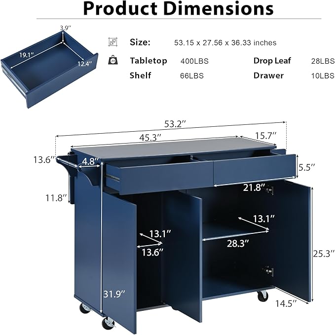 53" Kitchen Island with Drop Leaf,Dining Storage Cart W/Spice Rack,Towel Rack and 2 Drawers,Rolling Island on Wheels W/Adjustable Shelves for Kitchen,Dining Room,Navy Blue
