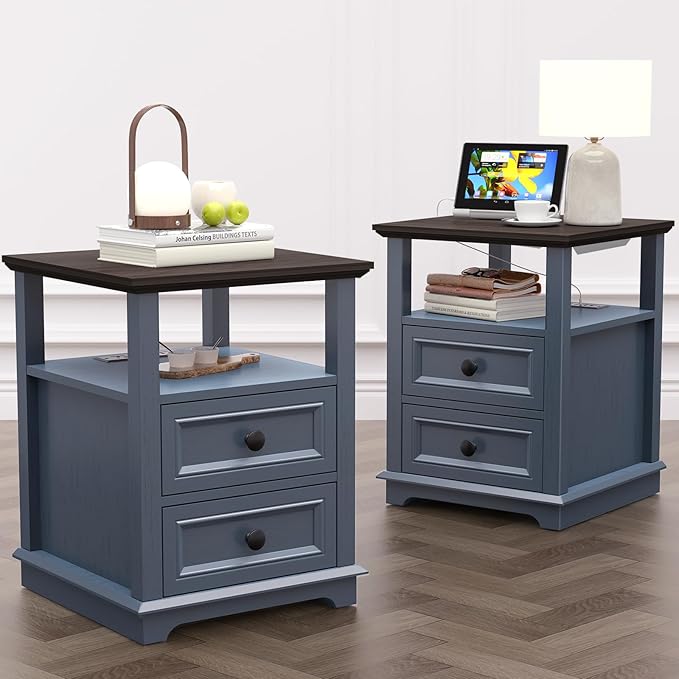 18" Wide End Table with Fast Charging Station Set of 2, 18” Wide Sofa Side Table with Drawers,End Table with Drawers for Living Room,Blue