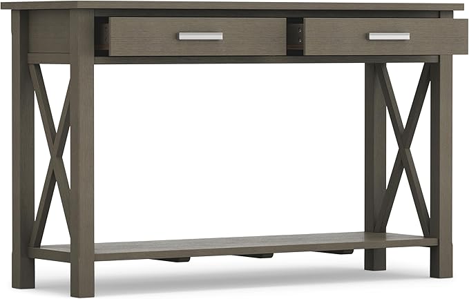 SIMPLIHOME Kitchener Console Table - 47 Inch Wide Solid Wood Sofa Table in Farmhouse Grey, Contemporary Storage Table for Entryway or Living Room with 2 Drawers, Bottom Shelf, and X-Design Side Panels