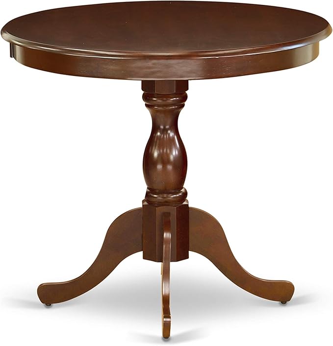 East West Furniture ESLA3-MAH-04 3 Piece Kitchen Table & Chairs Set Contains a Round Dining Room Table with Pedestal and 2 Light Tan Linen Fabric Parsons Chairs, 30x30 Inch, Mahogany