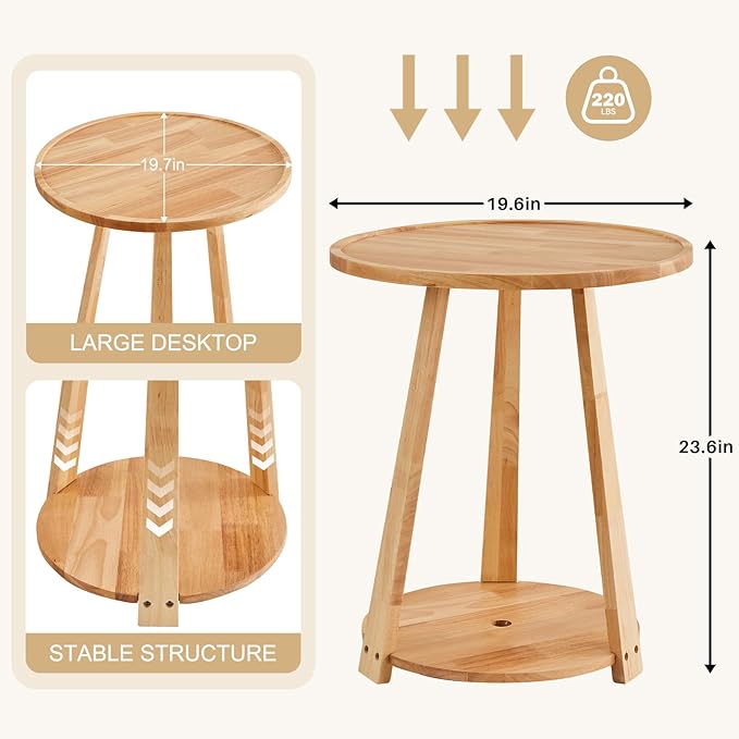 Uniclinens Round End Table, Solid Wood Round Side Coffee Table, Small Bedside Nightstand for Living Room Bedroom, Natural