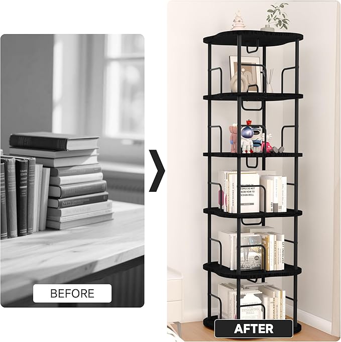 5-Tier Rotating Book Shelf, 360° Display Spinning Bookshelf Tower, Book Organizer, Floor Standing Bookcases for Small Space, Corner Book Shelf for Bedroom, Living Room, Study Room (Black)