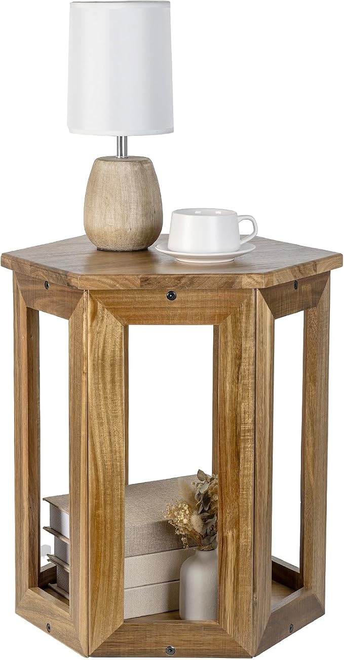 MyGift Premium Acacia Solid Wood Hexagon Designer End Table, 20 Inch Tall Wooden Living Room Sofa Side Table, Hexagonal Tabletop Plant Stand Home Furniture