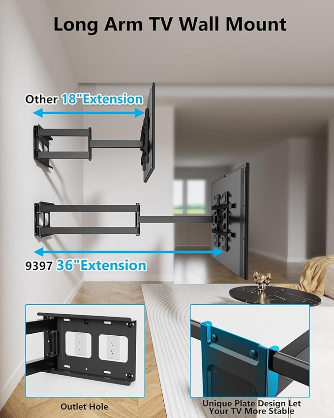 FORGING MOUNT Long Arm TV Wall Mount for 42-90 Inch TVs up to 150 lbs, 36 Inch Extension Full Motion Articulating Wall Mount with Height Setting, Swivel and Tilt, VESA 600x400mm, 8"/12"/16" Wood Studs