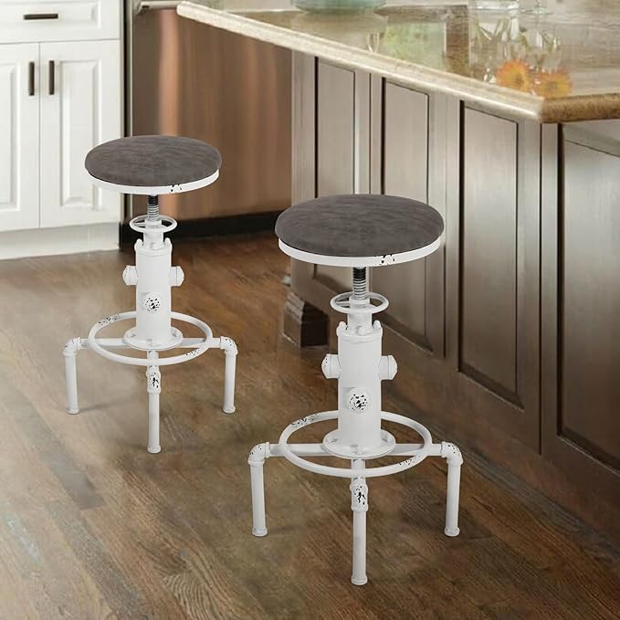 Topower Antique Vintage Industrial Barstool PU Leather Water Pipe Fire Hydrant Design Cafe Coffee Industrial Bar Stool Set of 2 Antique White