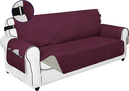 PureFit Reversible Sofa Couch Cover Water Resistant Couch Covers for 3 Cushion, Washable Furniture Cover with Non-Slip Foam and Adjustable Strap for Dogs, Pets (Oversized Sofa, Wine/Beige)