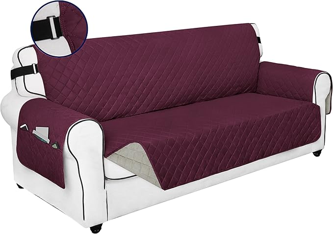 PureFit Reversible Sofa Couch Cover Water Resistant Couch Covers for 3 Cushion, Washable Furniture Cover with Non-Slip Foam and Adjustable Strap for Dogs, Pets (Sofa, Wine/Beige)