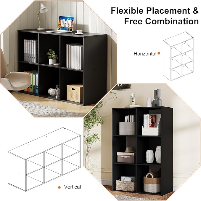 Sweetcrispy 6 Cube Storage Organizer - Open Cube Bookshelf with 3 Removable Back Panels, Display Storage Bookcase for Living Room, Bedroom, Entrance Hall, Home Office，36" L×11.6" W×24" H, Deep Black